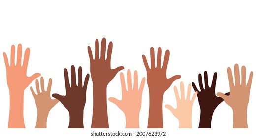 Diversity hands of different skin tones raised up. Flat vector illustration