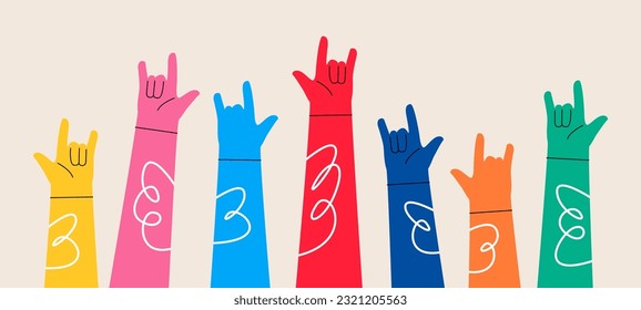 Diversity hands gesturing love sign. Unity concept with ‘I love you’ sign language. Colorful vector illustration