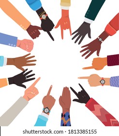 Diversity Of Hands Skin With Different Signs In Circle Design, People Multiethnic Race And Community Theme Vector Illustration