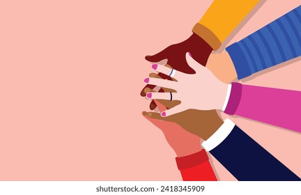 Diversity hands together in unity - Vector illustration of various ethnicity and multicultural friendship. Equality concept with copy space for text, in flat design