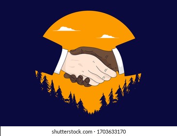 Diversity handshake - People of different colour shaking hands with sky and forest in background. Multiracial teamwork, agreement, cooperation and success concept. Vector illustration