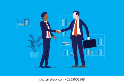 Diversity handshake - two men shaking hands in office. Agreement on business deal, corporate handshake, ending a meeting, new client or employee concept. Vector illustration.