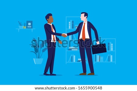 Diversity handshake - two men shaking hands in office. Agreement on business deal, corporate handshake, ending a meeting, new client or employee concept. Vector illustration.