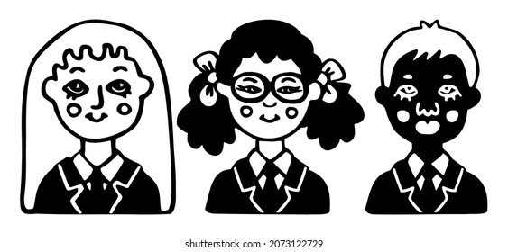 Diversity high school students set. Black white avatars of pupils dressed in formal school suits, shirts, ties. Hand-drawn portraits of variety of schoolchildren. Vector illustration in doodle style.