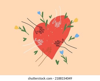 Diversity Human Hands Holding Heart With Flower. People Sharing Love. Helping Hand, Support, Social Care. Volunteer, Donation, Charity Foundation. Unite, Peace, Friendship Abstract Vector Illustration