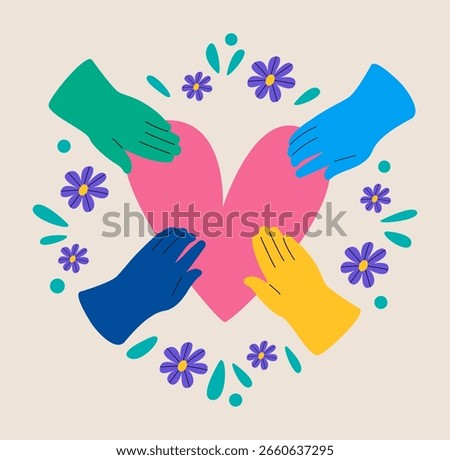 Diversity human hands holding heart. Sharing love. Colorful vector illustration
