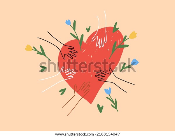 Diversity human hands holding heart with\
flower. People sharing love. Helping hand, support, social care.\
Volunteer, donation, charity foundation. Unite, peace, friendship\
abstract vector\
illustration