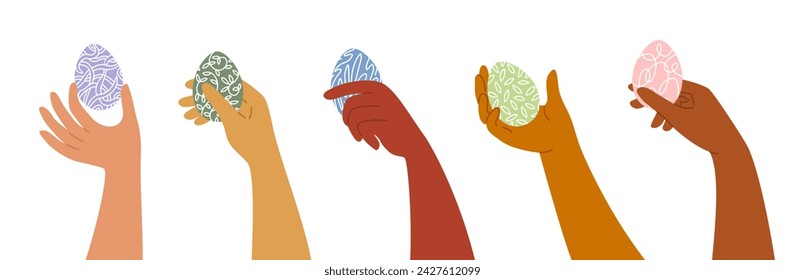 Diversity human hands holding painted Easter eggs. Man or woman hand giving egg. Happy Easter holiday vector illustration. Floral, botanical, nature leaf pattern eggs shell. Diverse design element set
