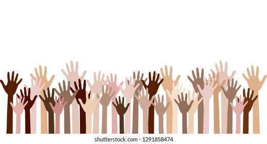 Diversity of human hands raised. Team building concept. Raised up hands of different skin color vector. Teamwork, collaboration, voting, volunteering, charity, crowd, workforce, community concept.