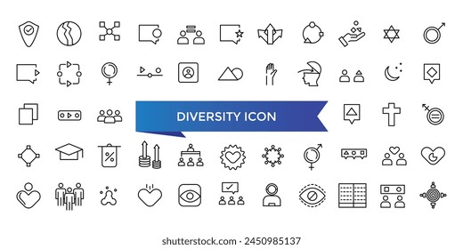 Colección de iconos de diversidad. Relacionado con la igualdad, la cultura, los idiomas, la tolerancia, la diferencia, la pertenencia, los derechos humanos y los iconos étnicos. Conjunto de iconos de línea.