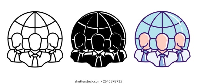 Diversity icon represented by employee, globe Line, Filled, Color style.