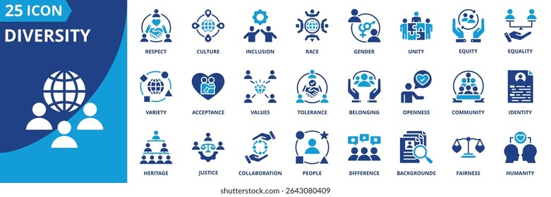 diversity icon set collection in dual tone style. an icon pack contain inclusion, equity, equality, culture, gender, race, unity, respect, acceptance, identity
