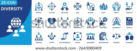 diversity icon set collection in dual tone style. an icon pack contain inclusion, equity, equality, culture, gender, race, unity, respect, acceptance, identity