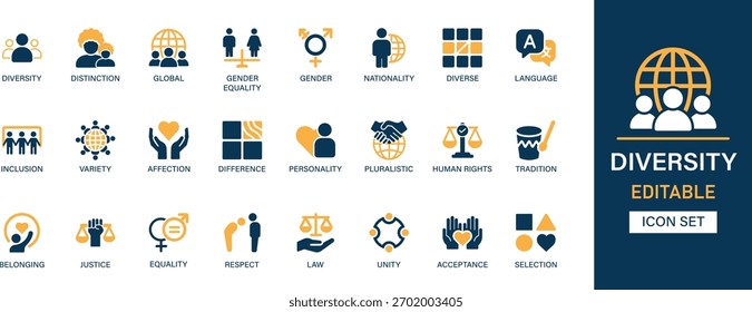 Coleção de conjuntos de ícones de diversidade. Variedade, distinção, global, gênero, nacionalidade, idioma, inclusão, afeto, personalidade e melhor conjunto de ícones sólidos.