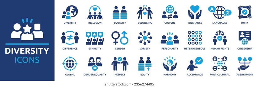 Diversity icon set. Containing equality, culture, languages, tolerance, difference, belonging, human rights and ethnicity icons. Solid icon collection. Vector illustration.