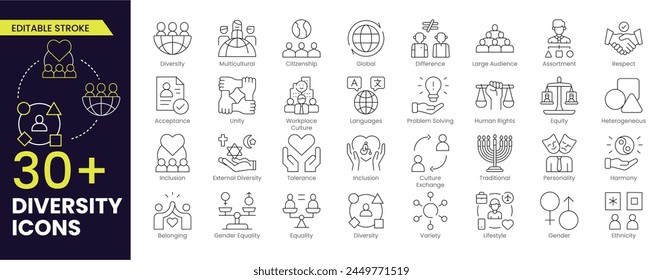 Diversity icon set. Containing equality, culture, languages, tolerance, difference, belonging, human rights and ethnicity icons. Stroke icon collection Editable Outline icon