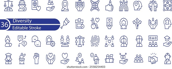 Diversity icon set. Containing equality, culture, languages, tolerance, difference, belonging, human rights and ethnicity icons