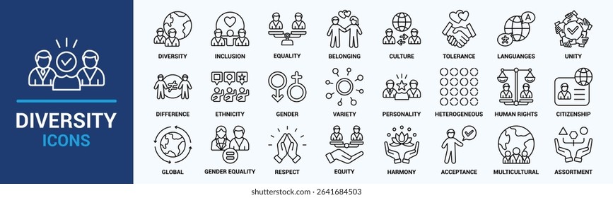 Diversity icon set. Containing equality, culture, languages, tolerance, difference, belonging, human rights and ethnicity icons. Solid icon collection. Vector illustration.