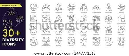 Diversity icon set. Containing equality, culture, languages, tolerance, difference, belonging, human rights and ethnicity icons. Stroke icon collection Editable Outline icon