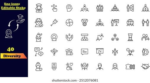 Diversity icon set featuring a collection of stroke icons that represent equality, culture, languages, tolerance, differences, belonging, human rights, and ethnicity. The icons are editable and outlin
