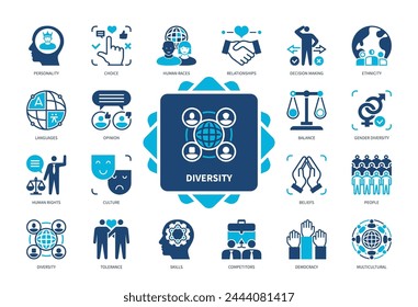 Diversity-Symbolsatz. Persönlichkeit, Ethnizität, Meinung, Geschlechtervielfalt, multikulturell, Sprachen, menschliche Rassen, Fähigkeiten. Zweifarbige Volltonsymbole