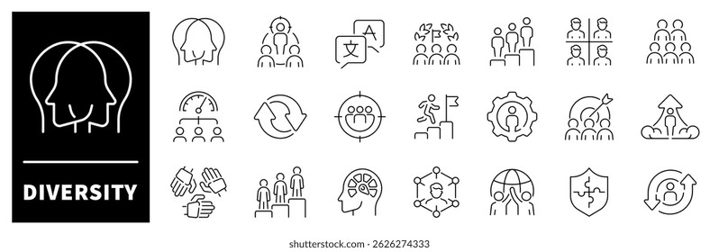Diversity icon set. Diversity thin line vector icons. Equality, culture, languages, tolerance, difference, belonging, ethnicity, people related icons. Editable stroke icons collection