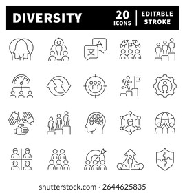 Diversity icon set. Diversity thin line vector icons. Equality, culture, languages, tolerance, difference, belonging, ethnicity, people related icons. Editable stroke icons collection