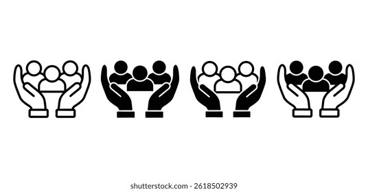 Diversity Icons Hands Protecting a Group of People Black and White Color Vector Design