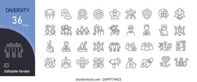 Diversity-Symbole gesetzt. Umfasst Symbole für Integration, Gleichheit, Teamarbeit, Gemeinschaft, Geschlecht, Kultur, Einheit und Menschenrechte. Perfekt für die Illustration von Inklusion, Kultur und Harmonie am Arbeitsplatz.