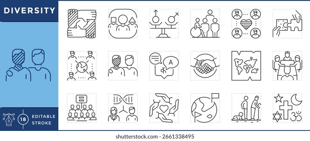 Diversity icons set. Inclusiveness, unity, global, harmony, LGBTQ, gender, accessible, cultural, racial, ethnic, and many more. Vector editable stroke.