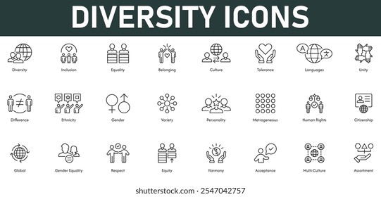 Diversity Icons Vektorgrafik mit dünnen Linien editierbarer Schlaganfall mit Gleichheit Inklusion Zugehörigkeit Kultur Toleranz Sprachen Einheit Differenz Ethnizität Geschlecht Menschenrechte Respekt