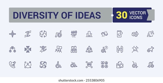 Diversity of Ideas icon set. Contains such icons as presentation, thin, diversity, lifestyle, person, assortment, social, character. Simple web icons. Vector illustration.