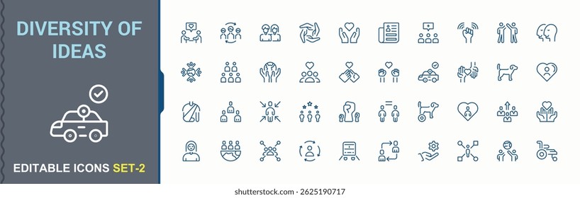 Conjunto de ícones vetoriais Diversidade de Ideias. Inclui diferença de símbolos de linha fina, humano, cultura, variedade, igualdade, equipe e muito mais. Conjunto de ícones Diversidade. Ícones lineares mínimos. Ilustração vetorial editável.