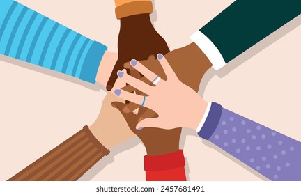 Diversity illustration - Group of diverse hands coming together in unity and solidarity stacking on top of each other. All for one concept in flat design