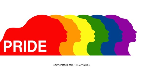Ilustración de la diversidad. Grupo de personas multiétnicas, multiculturales y diversas. Siluetas coloridas de personas multisexuales, caras de género. Colores arcoiris. Cartel del Desfile del Orgullo Gay de junio. Empoderamiento.