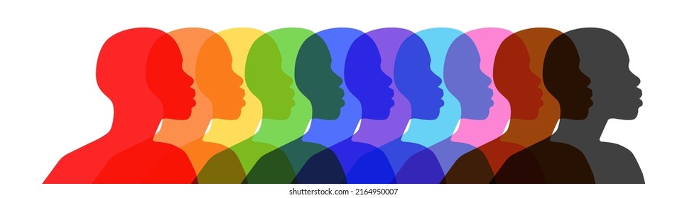 Diversity illustration. Group of multiethnic, multicultural diverse people. Colorful abstract silhouettes of multi-sexuality person, gender faces. Rainbow June Pride Parade banner. Empowerment.