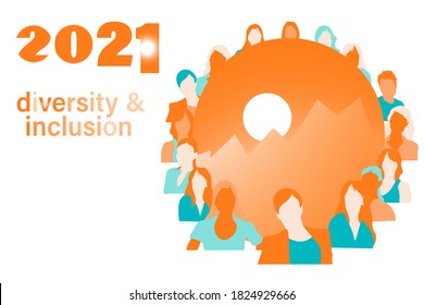 Diversity and inclusion 2021 design elements. Abstract concept, colourful bright women portraits with 2021 design elements. 2021 layout, movement, solidarity, freedom, parade, activism, pride. EPS 10.
