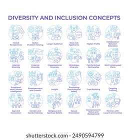 Diversity and inclusion blue gradient concept icons. Gender identity and equality. Social inclusion. Everyone matters. Icon pack. Vector images. Round shape illustrations. Abstract idea