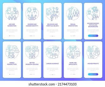Diversidad e inclusión gradiente azul a bordo de la pantalla de aplicación móvil. Recorrido 5 pasos instrucciones gráficas con conceptos lineales. UI, UX, plantilla GUI. Multitud de tipos de letra Pro-Bold, con uso regular