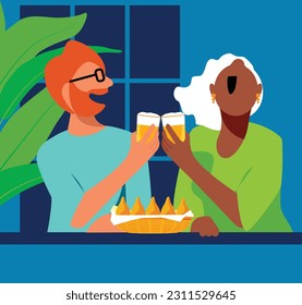 Diversity and inclusion - Cheerful Couple: White Man and Graying Woman Delightfully Enjoying Beer and Snacks