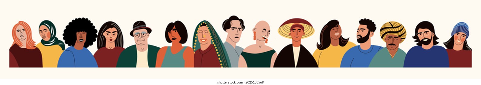 Ilustración del concepto de diversidad e inclusión con diferentes retratos culturales de la gente. Banner web de diversidad cultural de coloridos grupos de personas diversas. Patrón de dibujos animados de vectores planos aislados en blanco