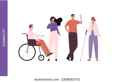 El concepto de diversidad e inclusión. Conjunto de ilustraciones de caracteres planos vectoriales. Grupo de hombres alegres, mujeres con discapacidad. Handicap en silla de ruedas, mudo, prótesis y ciego.