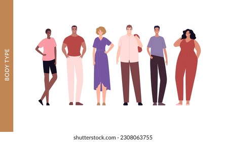 Diversity and inclusion concept. Vector flat character illustration set. Multi ethnic, different skin tone and body type cheerful group of male and female people ic casual clothing. Design element