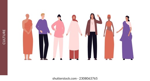 Diversity and inclusion concept. Vector flat character illustration set. Group of multi cultural person. Male, female in tradition ethnic cloth. Sari, buddhist, caucasian, muslim hijab, african woman.