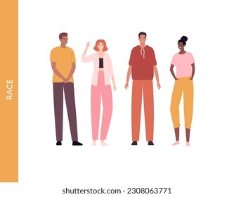 Diversity and inclusion concept. Vector flat character illustration. Multi ethnic and different skin tone group of cheerful male and female people set. Design element