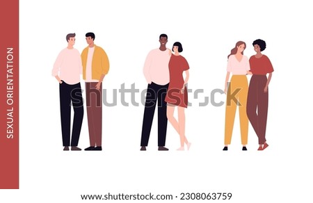 Diversity and inclusion concept. Vector flat character illustration set. Group of various sexual oriantion people. Gay, lesbian, transgender couple isolated on white background.