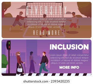 Banners web y páginas de inicio de concepto de diversidad e inclusión. Persona discapacitada en la sociedad, jugando fútbol con otras personas. Diseños de ilustraciones vectoriales en el fondo de color.