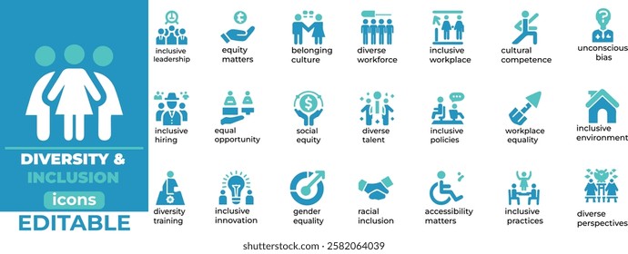 Diversity and Inclusion editable vector icons equity, inclusion, accessibility, cultural competence, and workplace diversity