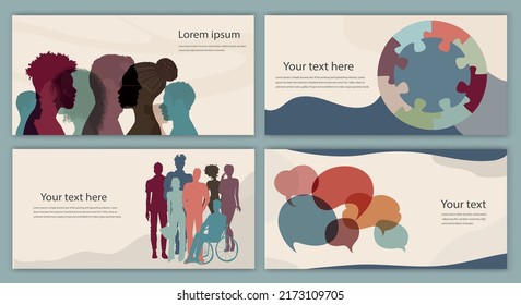 Diversity inclusion and equality concept. Group of multicultural and multiethnic men and women. Silhouette people of diverse cultures.Editable banner template flyer leaflet cover poster