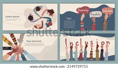 Diversity inclusion and equality concept. Group of multicultural men and women. People of diverse cultures forming a circle. Hand up. Editable brochure template flyer leaflet cover poster
